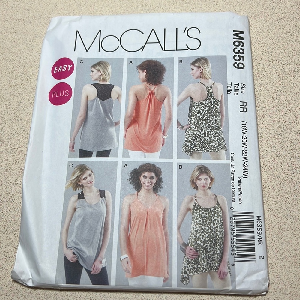 MCCall’s easy plus sewing patterns M6359 sleeveless tops size 18-24